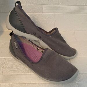 CROCS Women's Gray Canvas Slip-On Flats with Pink Insole